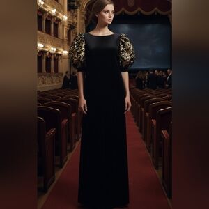 Vtg 80s Black Velvet Maxi Gown Gold Puff Sleeve Formal Holiday Party David Brown